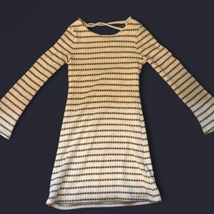 Elegant Cream and Brown Striped Long Sleeve Dress